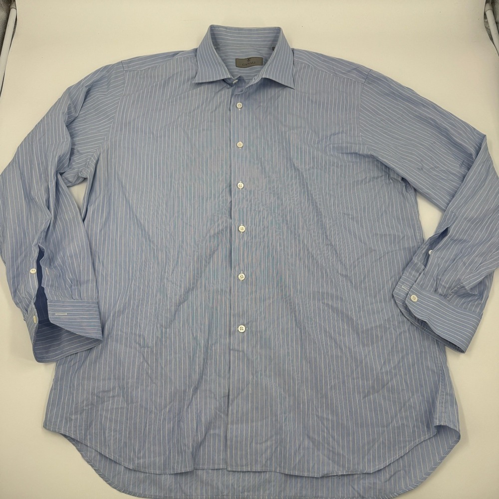 Canali 1934‎ Mens Blue White Striped Dress Shirt Size 46 18 Italy Long Sleeve